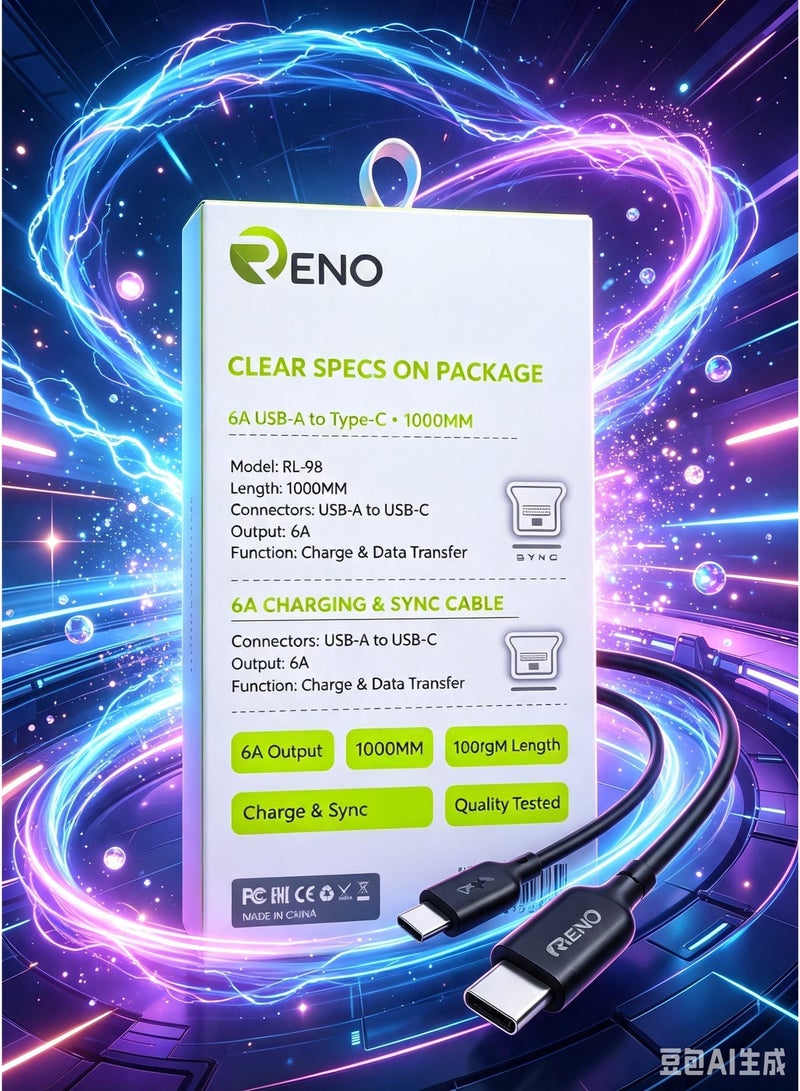 RENO RL-98 USB-A to Type-C 6A Fast Charging & Data Sync Cable (1m) - Black - Image 4