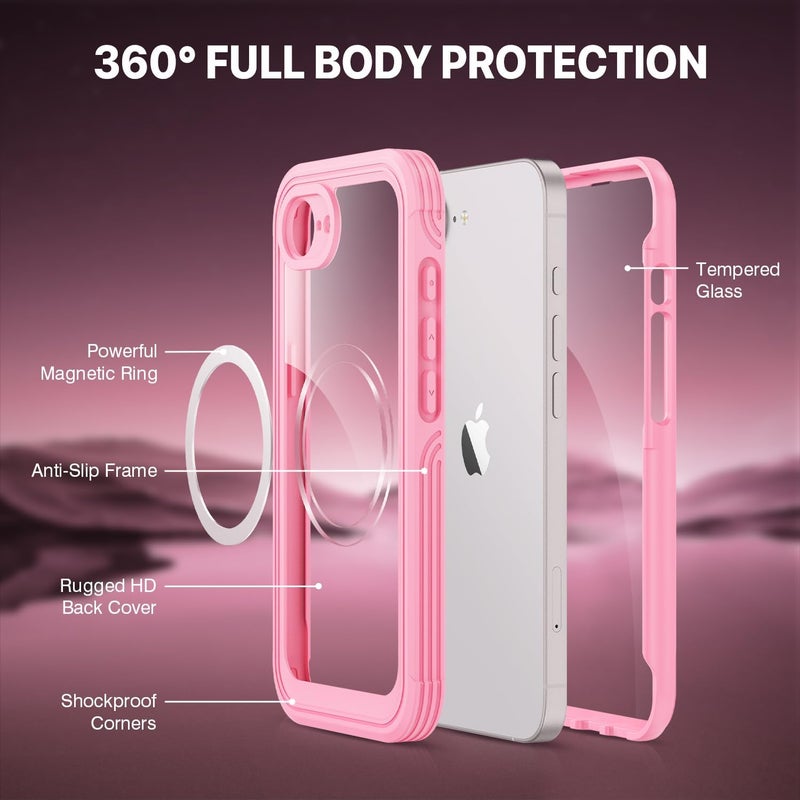 CENHUFO Compatible with iPhone 16e Case Built-in Glass Screen Protector,Fits for Magsafe,360 Full Body Shockproof Protective Phone Case for iPhone 16e 6.1 Inch -Pink Heat resistant - Image 2