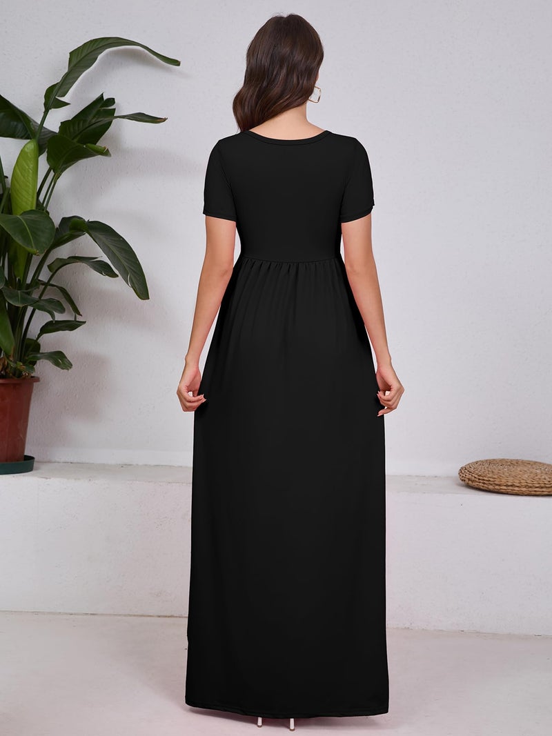 DEARCASE Maxi Dress for Women Black X-Large Crewneck Short Sleeves Wedding Guest A-line Casual Party Vintage Spring Summer Beach Long Dresses with Pockets - Image 2