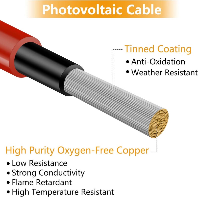 PHITUODA 10 قدم أسود + أحمر 10AWG (6 مم²) كابل تمديد لوحة شمسية، كابل محول شمسي مع موصل ذكر وأنثى - مجموعة من 2 - Image 3