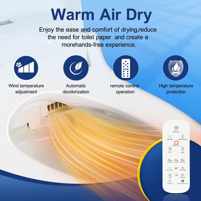 KERDE 08 Smart Electric Bidet Toilet Seat with Warm Air Dryerâ€‹ Heated Adjustable Warm Water Seat Temperature Self-Cleaning Nozzle Easy Installation for Most Toilets Elongated (Remote+Armrest) - Image 3