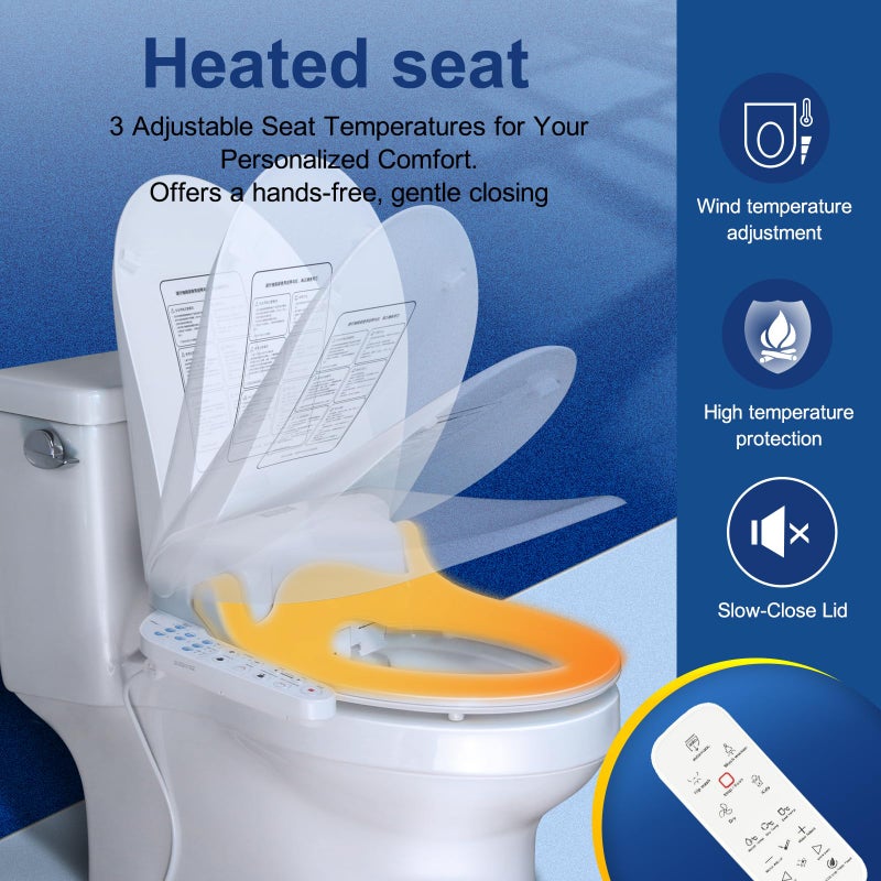 KERDE 08 Smart Electric Bidet Toilet Seat with Warm Air Dryerâ€‹ Heated Adjustable Warm Water Seat Temperature Self-Cleaning Nozzle Easy Installation for Most Toilets Elongated (Remote+Armrest) - Image 4