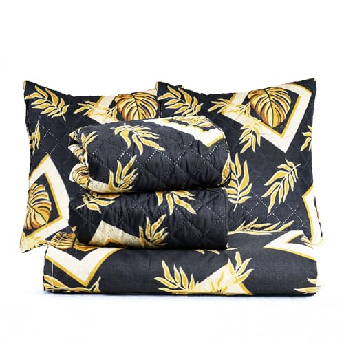VAS COLLECTIONS 220 TC Cloud Cotton 5-Piece Bedding Set for Double Bed (90×100 Inches) | Bedsheet with 2 Quilted Cushion Covers (Zipper) & 2 Pillow Covers | Black & Gold - Image 1
