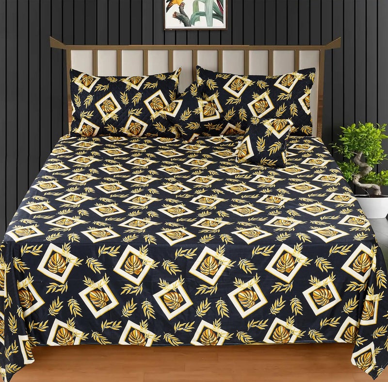 VAS COLLECTIONS 220 TC Cloud Cotton 5-Piece Bedding Set for Double Bed (90×100 Inches) | Bedsheet with 2 Quilted Cushion Covers (Zipper) & 2 Pillow Covers | Black & Gold - Image 2
