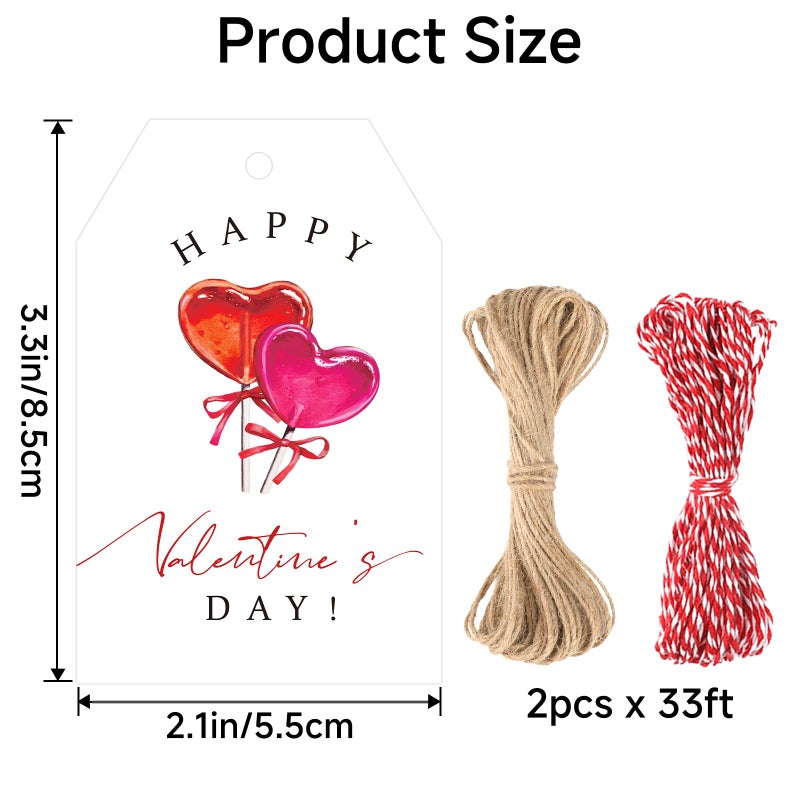 joycraft 50Pcs Happy Valentine's Day Tags - 3.3x2.1 in Valentine's Day Tags with String, White Sweet Lollipop Paper Hangtags for Gift Wrapping, Bags, DIY Craft, Party Favor - Image 2
