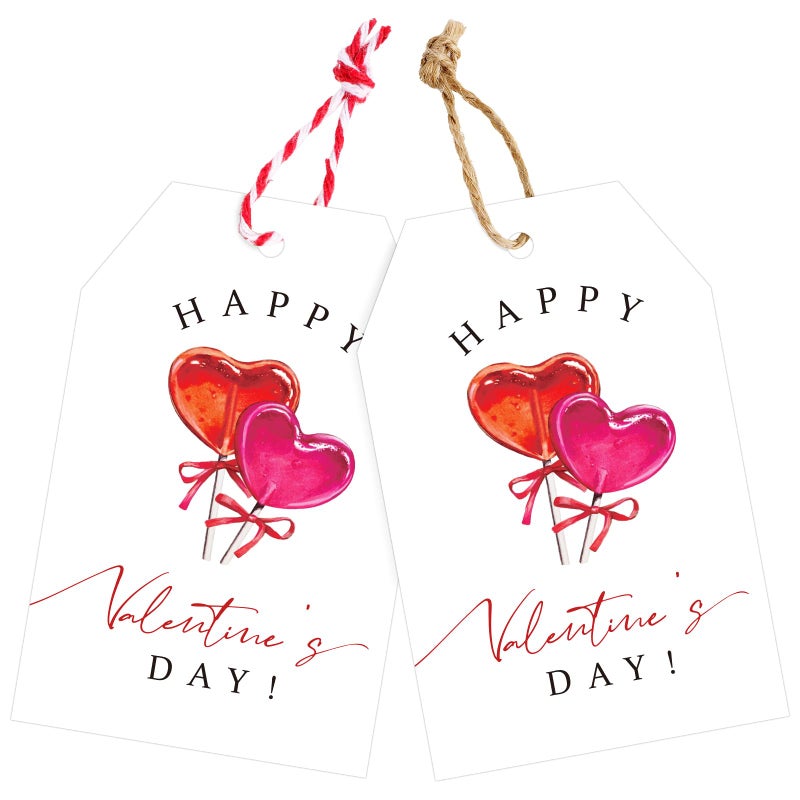 joycraft 50Pcs Happy Valentine's Day Tags - 3.3x2.1 in Valentine's Day Tags with String, White Sweet Lollipop Paper Hangtags for Gift Wrapping, Bags, DIY Craft, Party Favor - Image 1