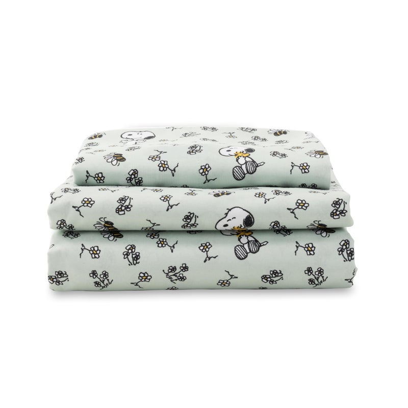 Berkshire Blanket Berkshire Blanket Peanuts Kids Sheet Set Twin Size - 3 Pieces Cute Character Snoopy Printed Soft Microfiber Bed Sheets Mini Snoopy & Woodstock New Flower and Bees Sage  - Image 1
