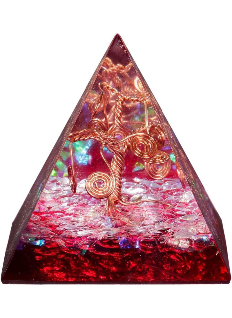 SUNYIK SUNYIK Handmade Tree of Life Orgone Pyramid Energy Generator, Chip Rock Quartz Chakra Healing Crystal Point for Protection Meditation Yoga 2" Red 