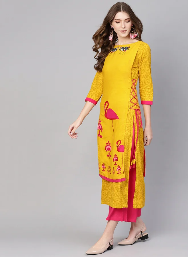 Take Two Yellow Double Layered Flamingo Printed Kurta By Pannkh