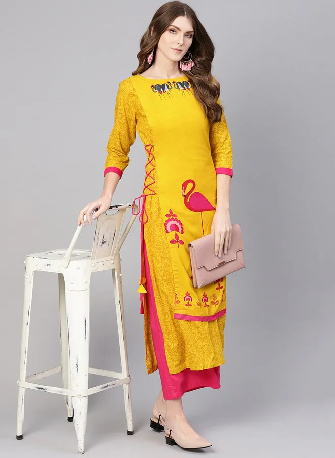 Take Two Yellow Double Layered Flamingo Printed Kurta By Pannkh