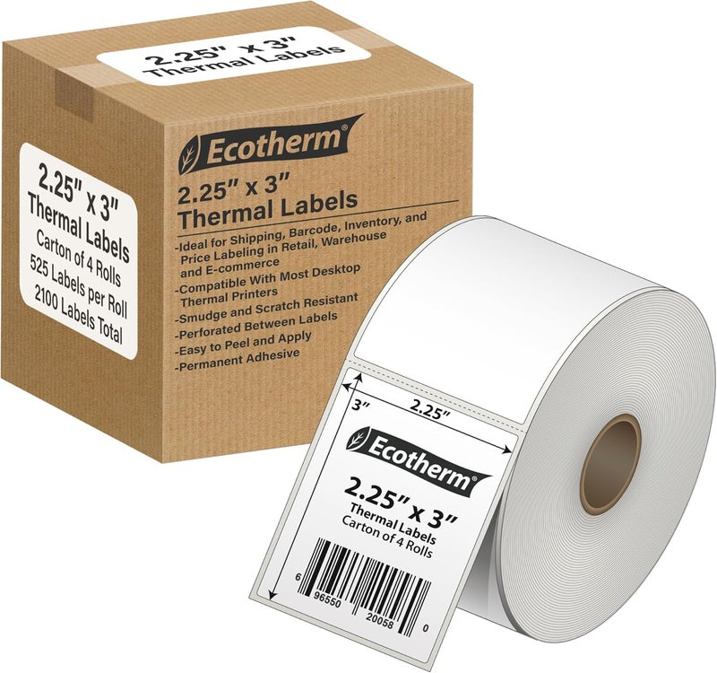 Ecotherm 2.25" x 3" Thermal Labels | 4 Rolls | 2100 Labels | fits Zebra, Munbyn, Rollo, Godex, Arkscan, iDPRT, Offnova Thermal Label Printers and More | Blank White Adhesive Stickers by - Image 1