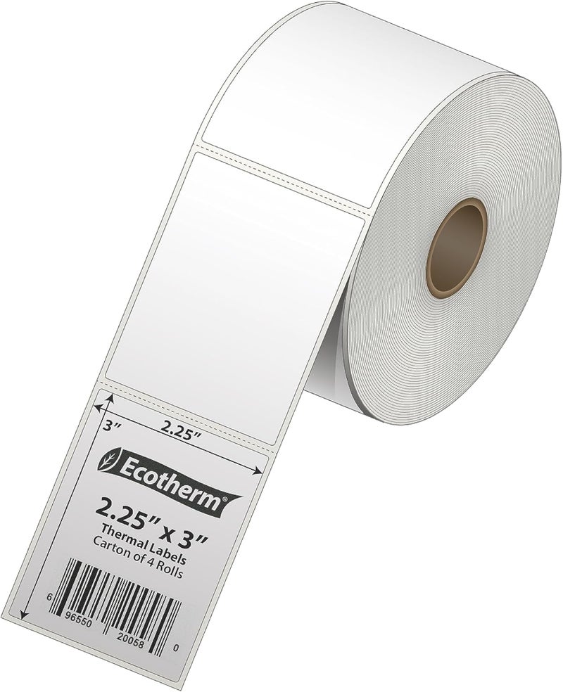 Ecotherm 2.25" x 3" Thermal Labels | 4 Rolls | 2100 Labels | fits Zebra, Munbyn, Rollo, Godex, Arkscan, iDPRT, Offnova Thermal Label Printers and More | Blank White Adhesive Stickers by - Image 2