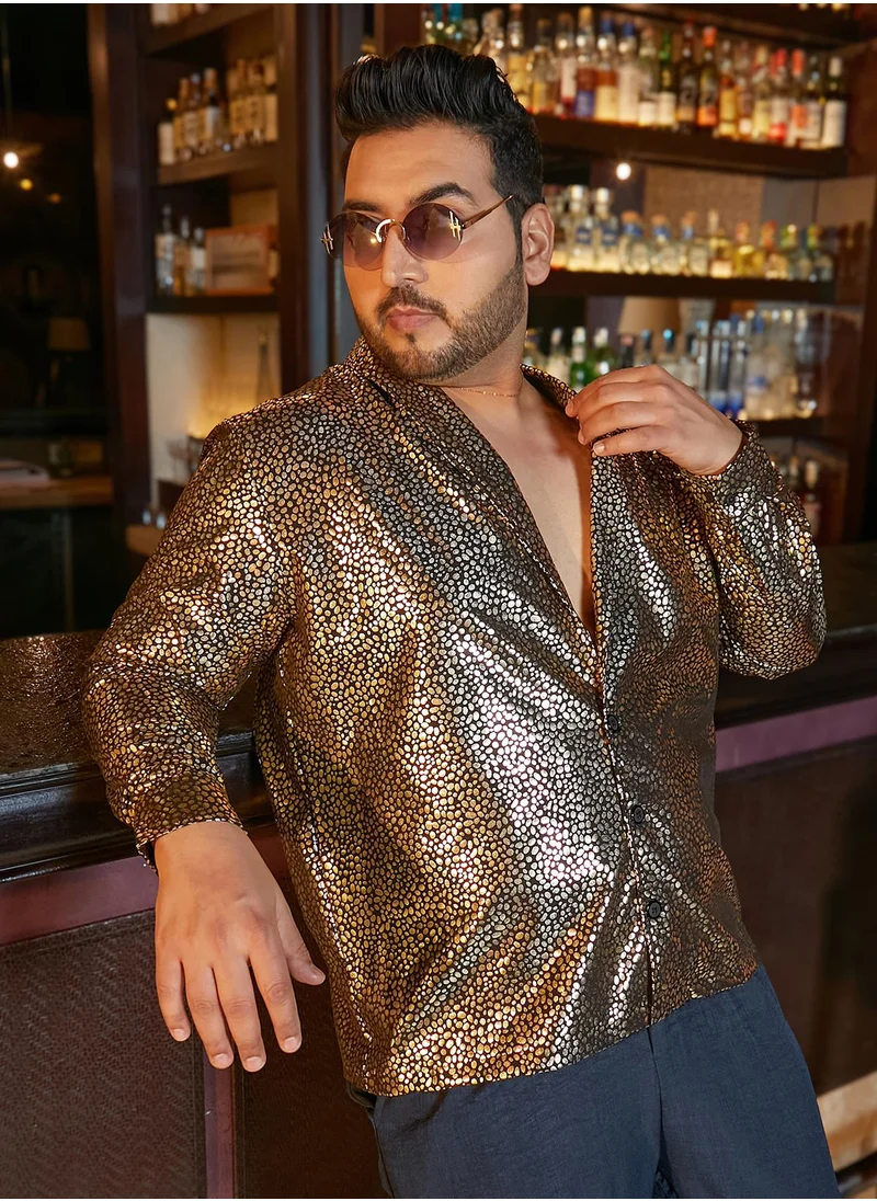 انستافاب بلس Instafab Plus Men's Black & Gold Metallic Shawl Collar Relaxed Shirt For Casual Wear | Shawl Collar | Long Cuffed Sleeves | Button Closure | Plus Size Shirt Crafted With Comfort Fit For Everyday Wear