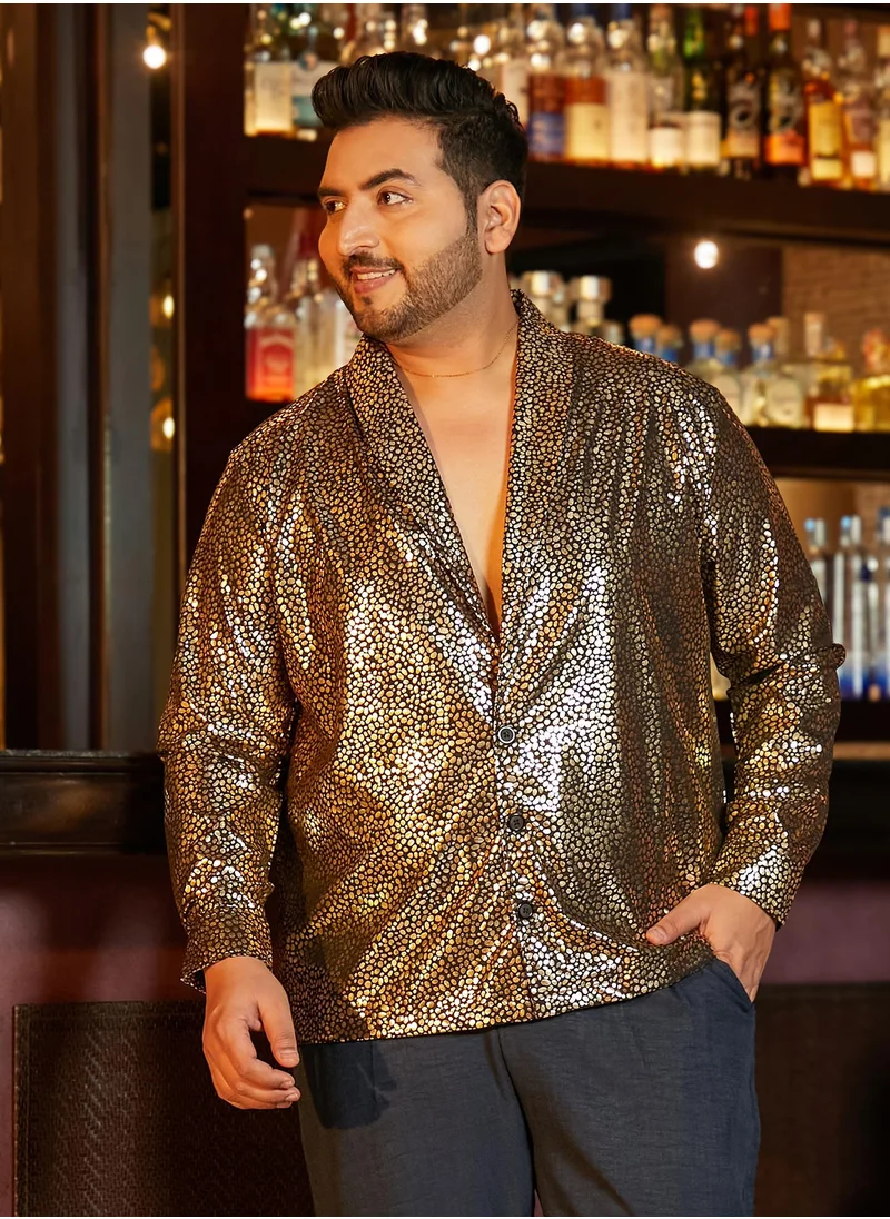 انستافاب بلس Instafab Plus Men's Black & Gold Metallic Shawl Collar Relaxed Shirt For Casual Wear | Shawl Collar | Long Cuffed Sleeves | Button Closure | Plus Size Shirt Crafted With Comfort Fit For Everyday Wear