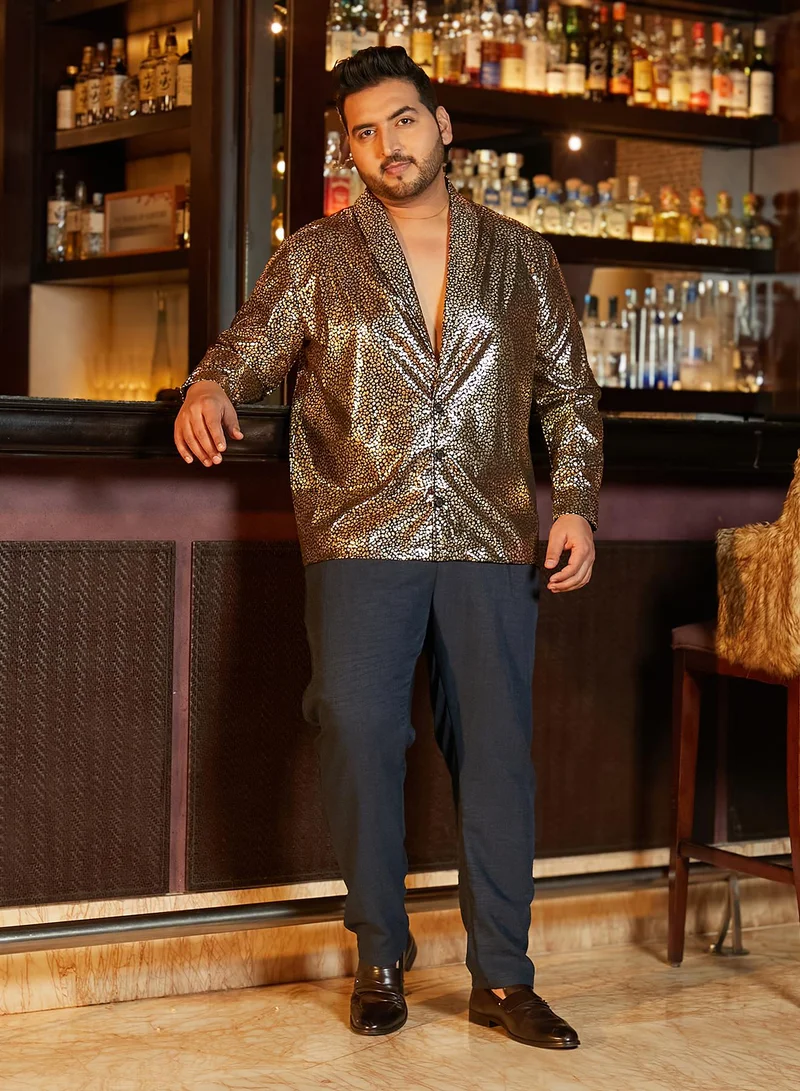 Instafab Plus Instafab Plus Men's Black & Gold Metallic Shawl Collar Relaxed Shirt For Casual Wear | Shawl Collar | Long Cuffed Sleeves | Button Closure | Plus Size Shirt Crafted With Comfort Fit For Everyday Wear