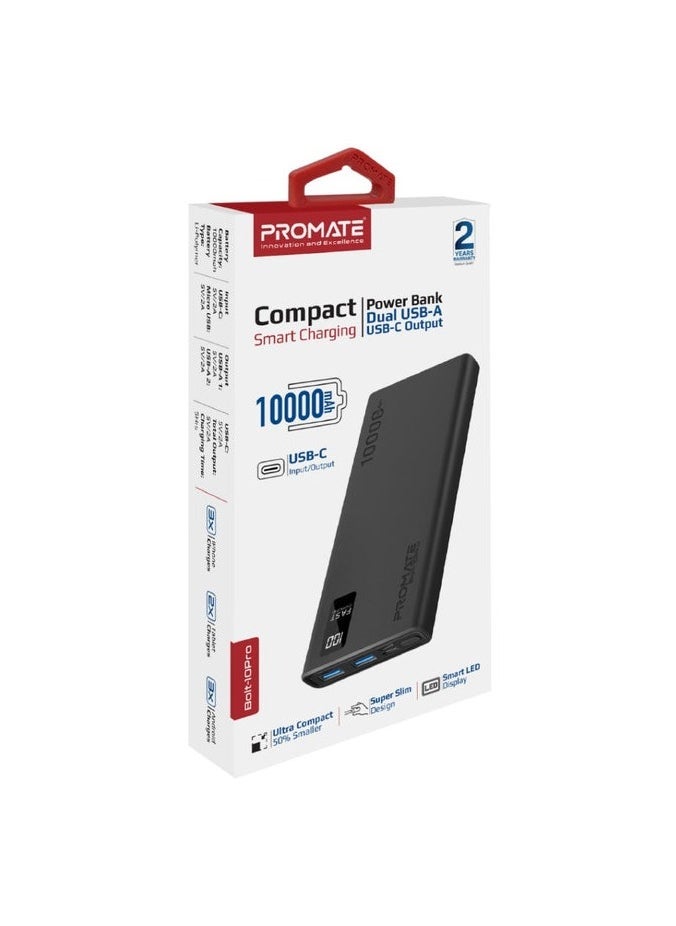 Promats Promate Bolt-10Pro 10000mAh Compact Smart Charging Power Bank with Dual USB-A & USB-C Output  - Image 3