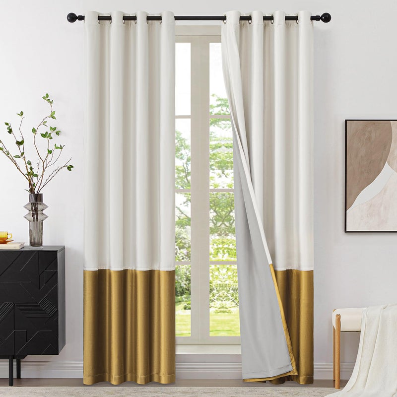BULBUL Cream 100% Full Blackout Velvet Curtains,84 inches Long Ivory Gold Modern Liner Curtains Thermal Drapes Panels for Living Room Bedroom Grommet Set of 2 - Image 1
