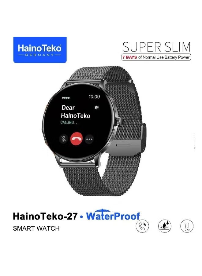 HainoTeko Super Slim Waterproof Smart Watch with Vibrant AMOLED Display, Bluetooth Calling, Heart Rate & Sleep Tracking, Multi-Sport Modes, Long Battery Life, Customizable Faces & 3 Straps – Unisex Smartwatch Black - Image 1