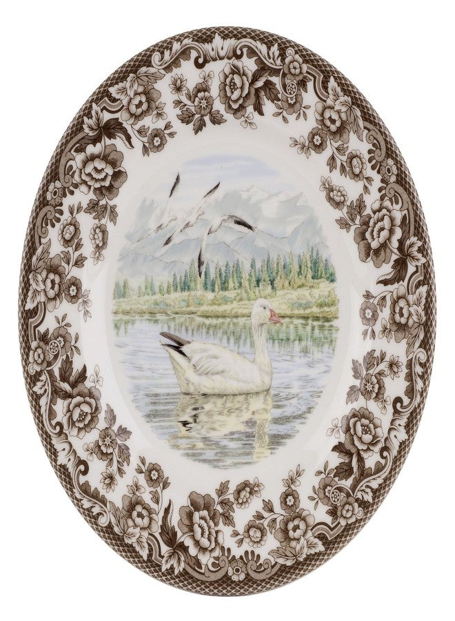 Spode Woodland Snow Goose Salad Plate - 8 Inch Fine Porcelain with British Flowers Border, Microwave, Freezer, Oven & Dishwasher Safe - Rustic American Wildlife Tableware, Made in England - Image 1