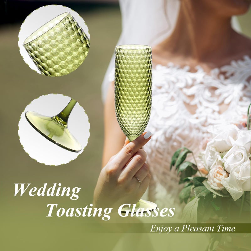 SKLENICE Plastic Champagne Flutes Champagne Glasses Unbreakable Wedding Toasting Glasses Reusable Diamond Wine Glasses Crystal Clear Party Wine Cups Vintage Drinking Glasses 5.5 OZ for Wedding (24, Green) - Image 3