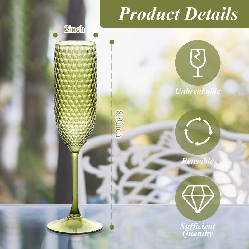 SKLENICE Plastic Champagne Flutes Champagne Glasses Unbreakable Wedding Toasting Glasses Reusable Diamond Wine Glasses Crystal Clear Party Wine Cups Vintage Drinking Glasses 5.5 OZ for Wedding (24, Green) - Image 2