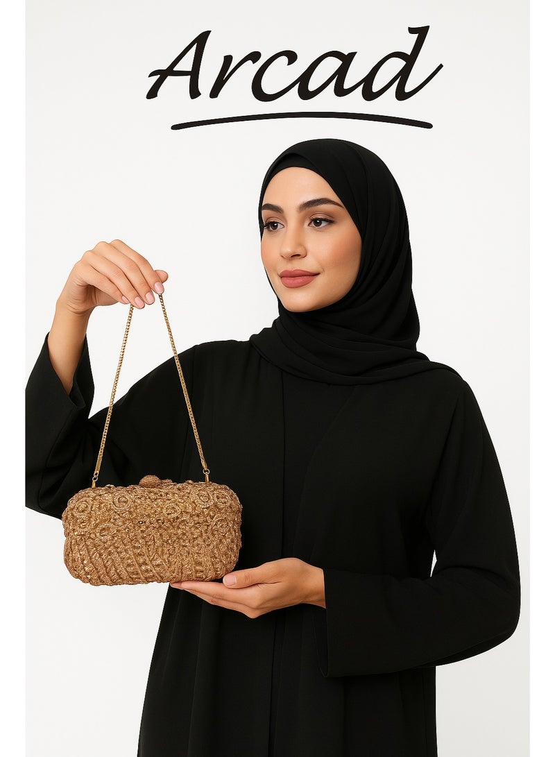 أركاد حقيبة سهرة نسائية من أركاد مزينة بالكريستال مع سلسلة – ذهبي - Image 1