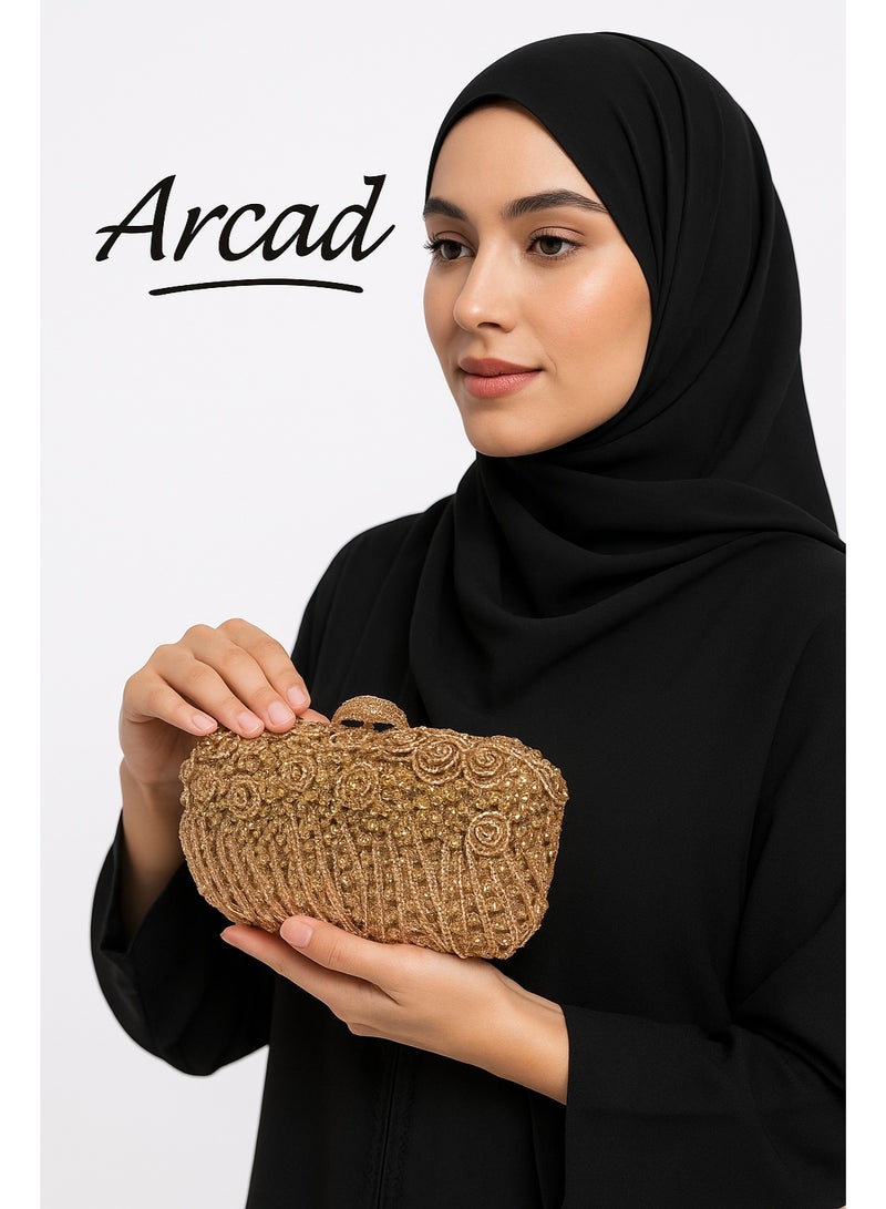 أركاد حقيبة سهرة نسائية من أركاد مزينة بالكريستال مع سلسلة – ذهبي - Image 4