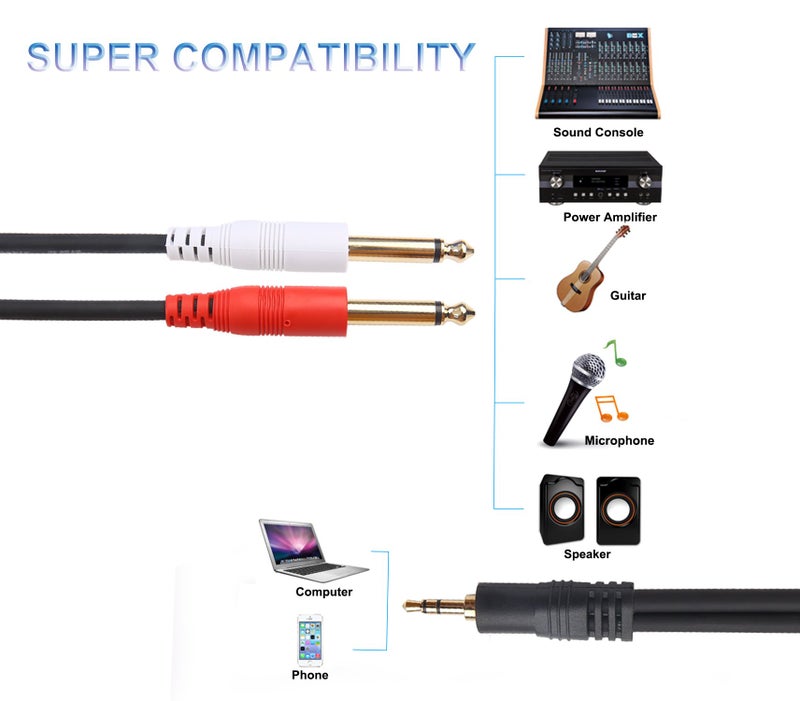 Devinal 1/8 inch Male Stereo to Dual 1/4 Mono Male Audio Cable, 3.5mm TRS to Dual 6.35mm TS Y Splitter Breakout Cord, Gold Plated Heavy Duty Durable 15 Feet - Image 2