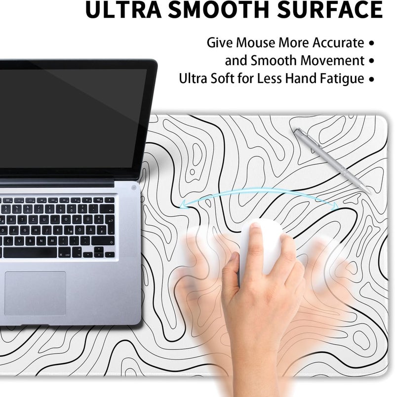 aportt White Topographic Contour Gaming Mouse Pad XL Geographic Map Lines Minimalist Extended Large Mat Mousepad Desk Pad Non-Slip Rubber Base Stitched Edge Long Keyboard Pad for Computer,31.5×11.8 Inch - Image 4