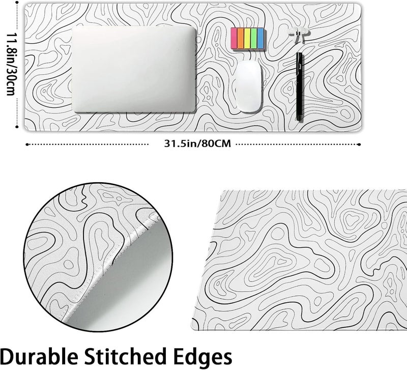 aportt White Topographic Contour Gaming Mouse Pad XL Geographic Map Lines Minimalist Extended Large Mat Mousepad Desk Pad Non-Slip Rubber Base Stitched Edge Long Keyboard Pad for Computer,31.5×11.8 Inch - Image 2