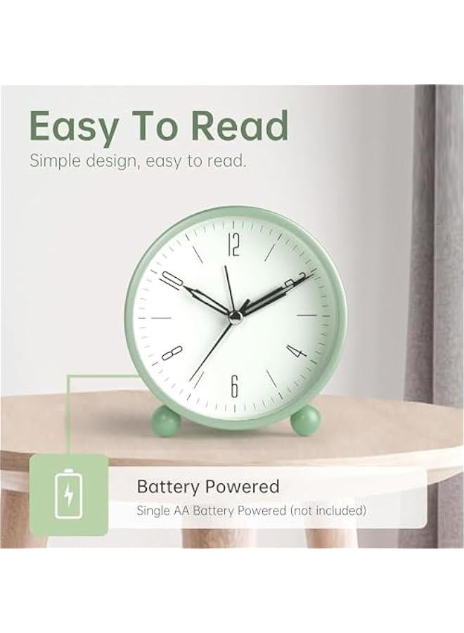 HOOKOR Durku Alarm Clock, 4 inch Super Silent Non Ticking Small Clock with Night Light, Battery Operated, Simple Design, Old Fashioned Style Sage Decor, for Bedroom, Bedside, Desk, Adult, Kid Gift (Green)  - Image 5