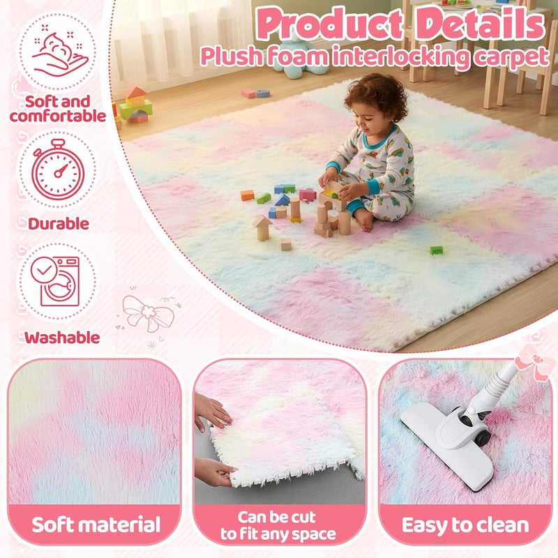 Maasechs 16 Pcs Pastel Faux Fur Floor Tiles, 11.8 x 11.8 in Puzzle Girls Play Soft Tiles, 1.5 Inch Shaggy Square, EVA Foam Floor Mat for Nursery, Playroom, Bedroom, Toddler Room, Daycare - Image 4