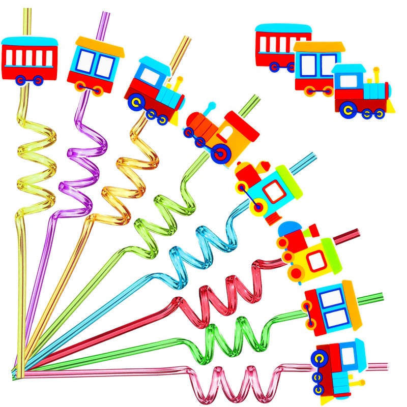 24 Pack Train Theme Shaped Straws  Reusable Plastic Straws with Cartoon Decoration  Kids Party Supplies  Birthday Party Favors with 2 Cleaning Brushes