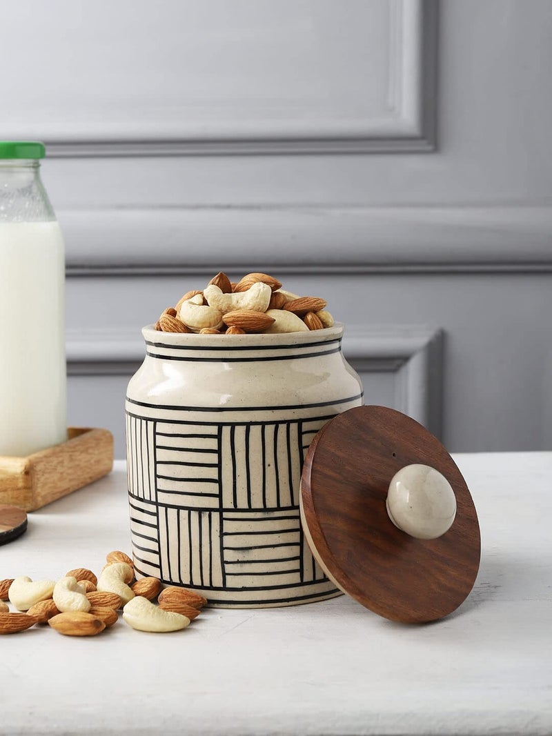 miah decor Ceramic Jars For Kitchen Storage with Wooden Lid Pickle Spices Stoneware Food Storage Jar Box with Airtight Silicone Seal - Pack of 1, (Size HxW- 5"X 3" inches; Volume- 460ml) - Image 1