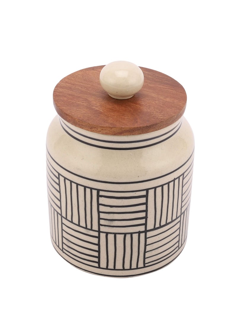 miah decor Ceramic Jars For Kitchen Storage with Wooden Lid Pickle Spices Stoneware Food Storage Jar Box with Airtight Silicone Seal - Pack of 1, (Size HxW- 5"X 3" inches; Volume- 460ml) - Image 2