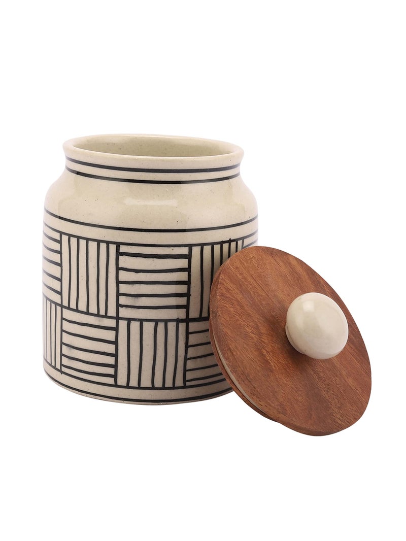 miah decor Ceramic Jars For Kitchen Storage with Wooden Lid Pickle Spices Stoneware Food Storage Jar Box with Airtight Silicone Seal - Pack of 1, (Size HxW- 5"X 3" inches; Volume- 460ml) - Image 4