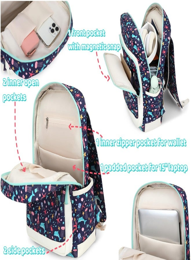Leaper Cute Dolphin Backpack for School Laptop Backpack Water-Resistant Kids Backpack for Girl Back Pack Daypack Travel Shoulder Bag Satchel Dark Blue - Image 5