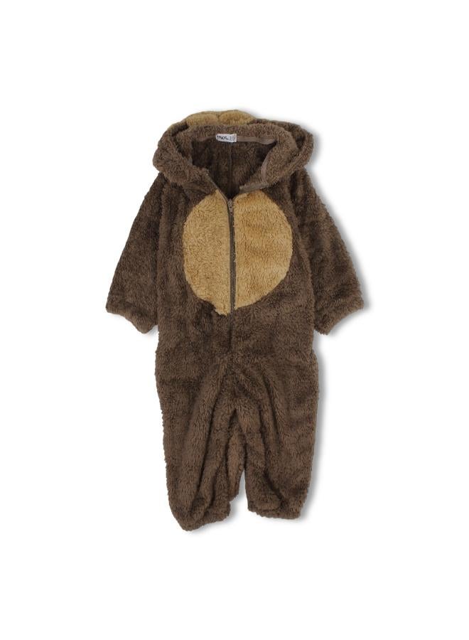 Ourkids Unisex Fleeced Hooded Footless Onesie – Brown with Monkey Design - Image 2