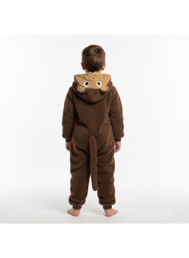 Ourkids Unisex Fleeced Hooded Footless Onesie – Brown with Monkey Design - Image 1