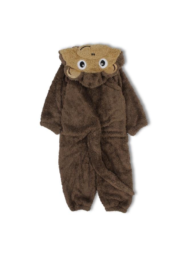 Ourkids Unisex Fleeced Hooded Footless Onesie – Brown with Monkey Design - Image 3