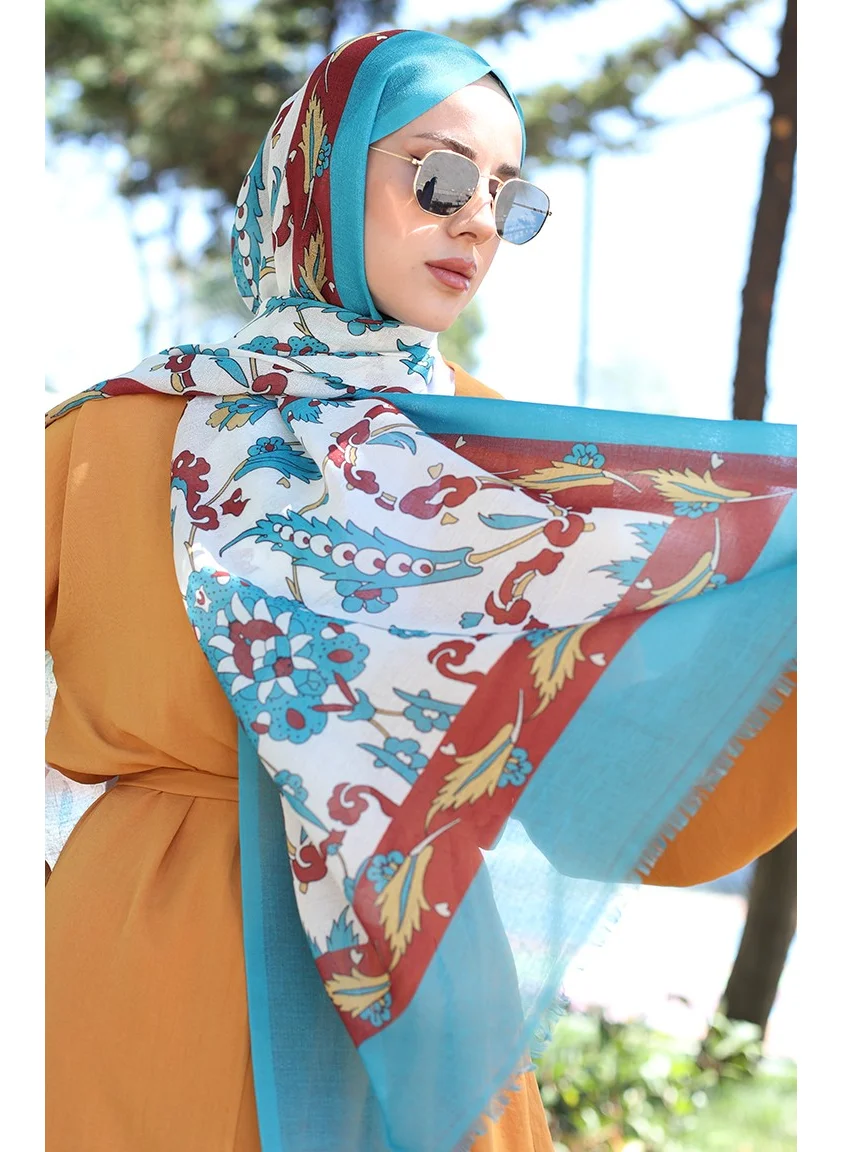 Sefa Merve Ethnic Patterned Cotton Shawl 90174-02 Petrol Cinnamon Color