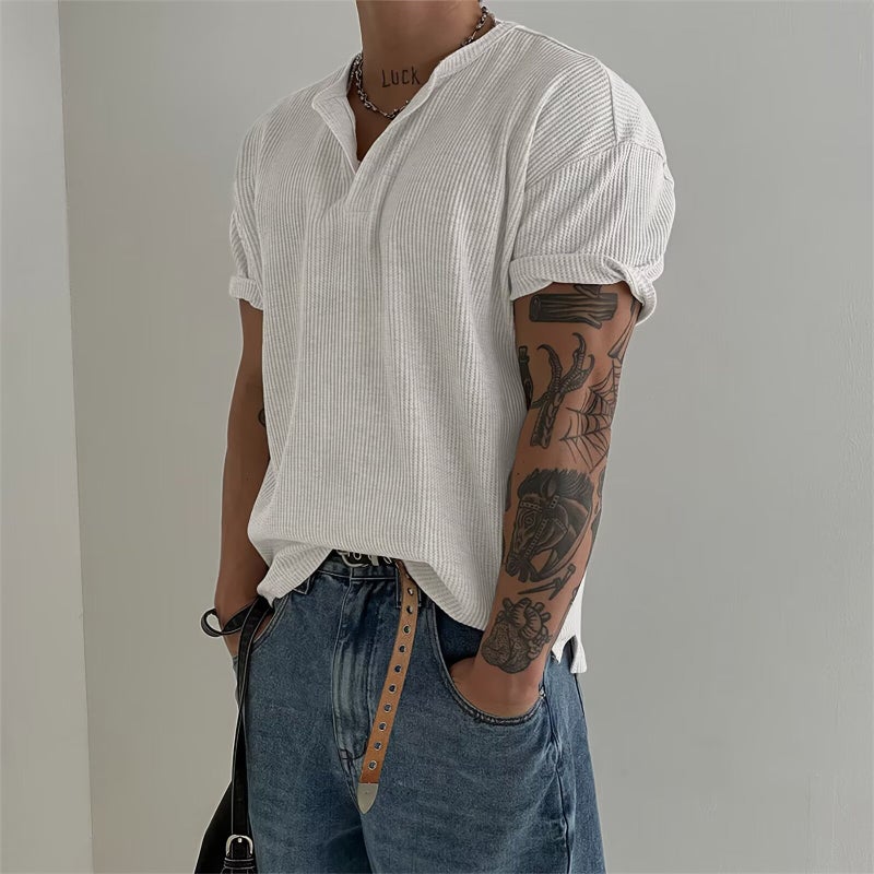 Fashion Waffle Henley Collar Short Sleeve T-Shirt For Men, New American Retro Side Slit Base Top For Summer - Image 4