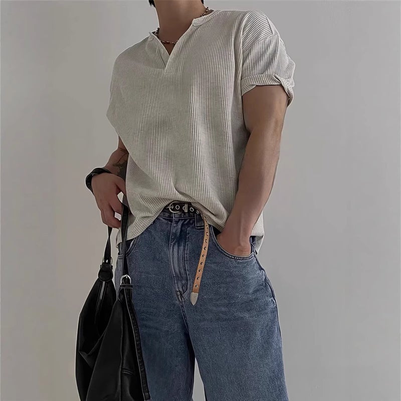 Fashion Waffle Henley Collar Short Sleeve T-Shirt For Men, New American Retro Side Slit Base Top For Summer - Image 1