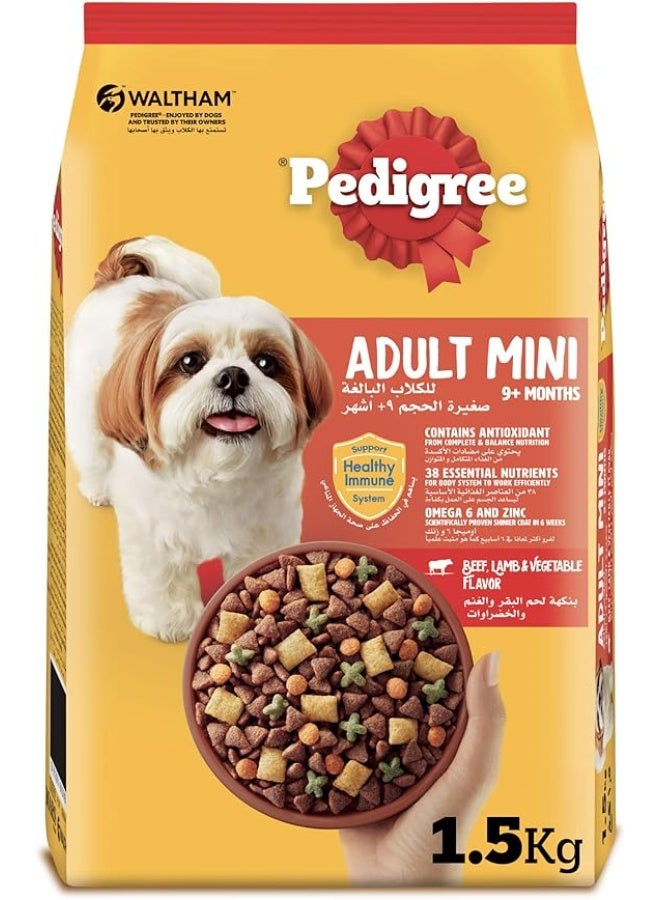 Pedigree Dog Food, Adult Mini, Beef, Lamb & Vegetables Flavour Dog Food Dry, 1.5Kg, Complete & Balanced Dog Dry Food For Mini Adult Dogs 9 Months