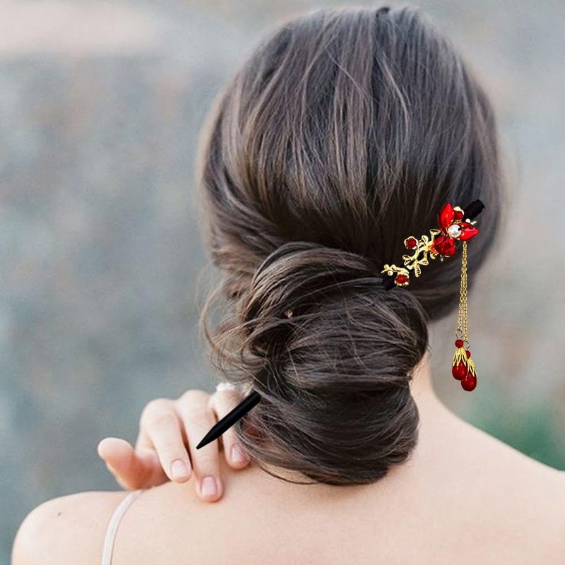 Arvintas 4 PACK Chinese Hair Chopsticks for Women, Wooden Hair Accessories, Japanese Hair Stick, Retro Tassel Retro Handmade Hairpins Flower Tassel Hair Chopsticks for Long Hair - Image 4