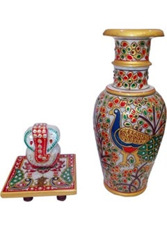 R&M RM Marble Choki Ganesh With Flower Vase | Home Decor|Marble Handicrafts|Meenakari Work|Handwork|Handpainted|Makrana|Sangemarmar Marble|Traditional|Decorative|Gift item|Showpiece|Heritage|Royal|Wedding gift | Vase| Ganesh murti | Ganesh with Vase Items| Vase with Ganesh Item| Ganesh and Vase Item| Home Used Item| Ganesh Chowki 