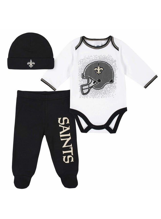 Gerber NFL New Orlean Saints 3 Pack Bodysuit Footed Pant and Cap Registry Gift Set, Black/White New Orlean Saints, 3-6M - Image 1
