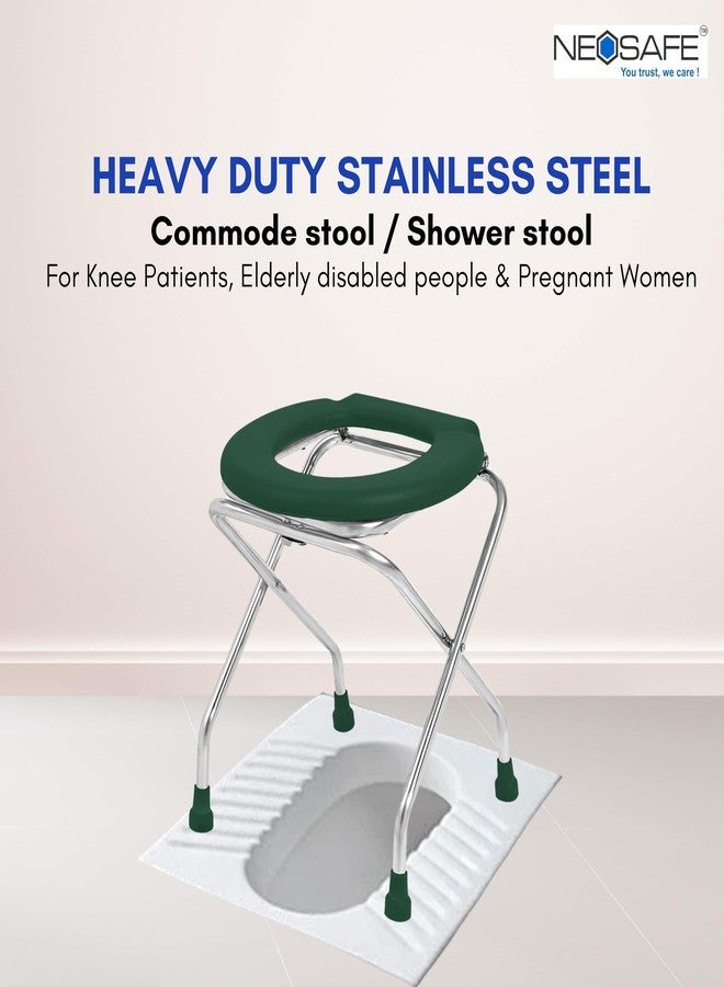 NEOSAFE Stainless Steel Premium Folding Shower Bathing Room Mobile Commode Stool Indian Toilet Seat Ideal for Elderly Disabled Man and Pregant Women Support (Green) - Image 2
