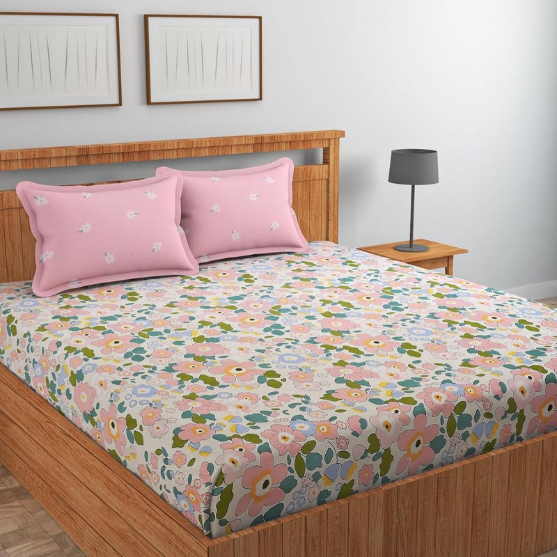 VOMZER 320 TC Cotton Feel All Around Elastic Fitted Bedsheets King Size, Premium Fitted Bedsheets King Size for Double Bed with 2 Pillow Covers, Size- 78” x 72” x 12" Pink - Image 1