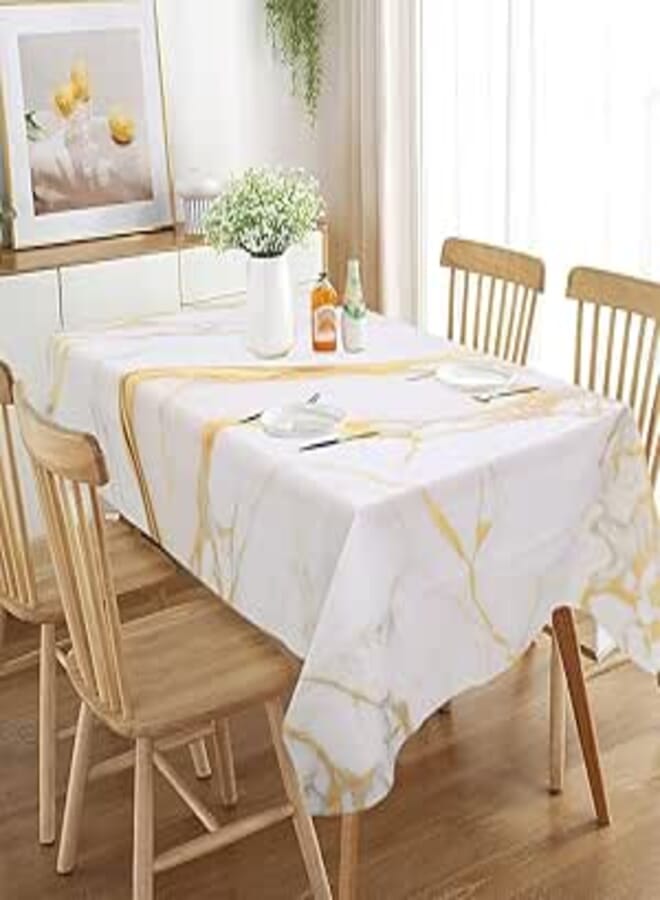 Generic Plastic Tablecloth, White and Gold, Rectangular, 274 x 137 cm, for Gatherings, and Trips, .db